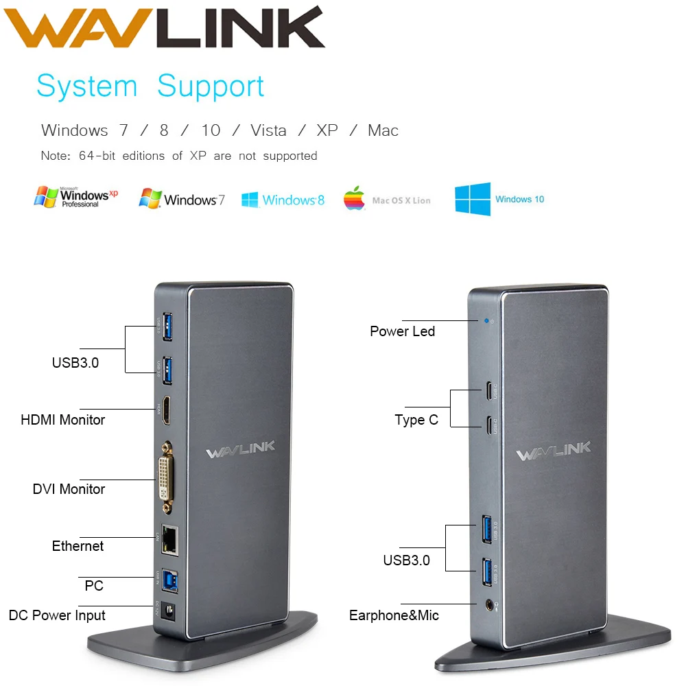 Универсальная док-станция для ноутбука Full HD 1080P USB 3,0 type-C USB-C Вертикальный двойной видео дисплей USB-C док-станция для Mac OS Windows EU