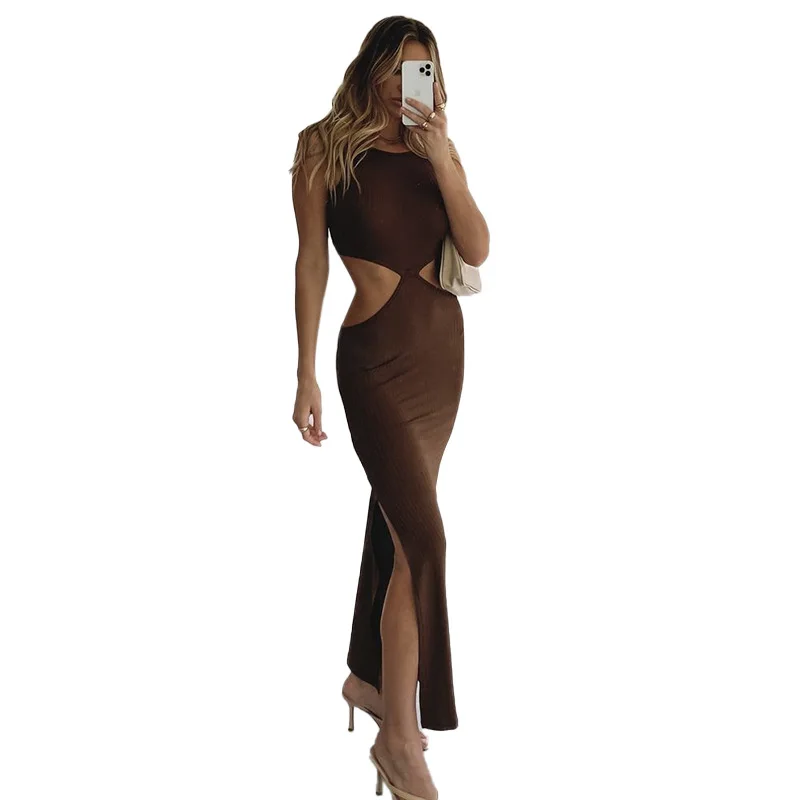 

Beach One Piece Dress Women Outings Cover Up Summer New Pure Color Sleeveless Hollow High Waist Open Print Polyester 2021