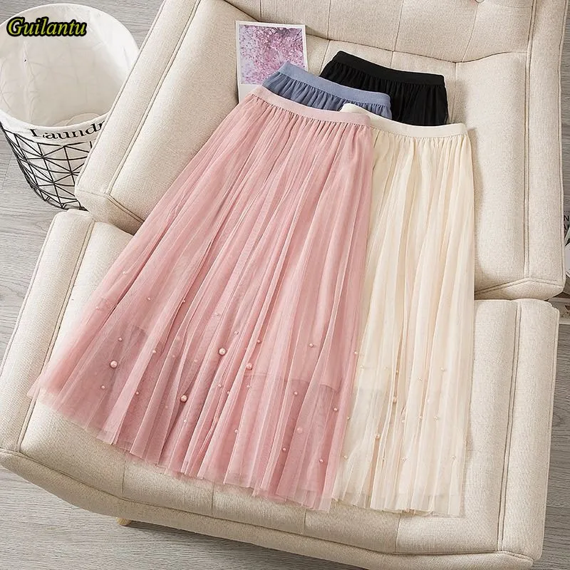 

Guilantu Summer Mesh Beading Tulle Skirt Women Clothes High Waisted Casual Office Long Skirts Female Black Pink Pleated Skirt