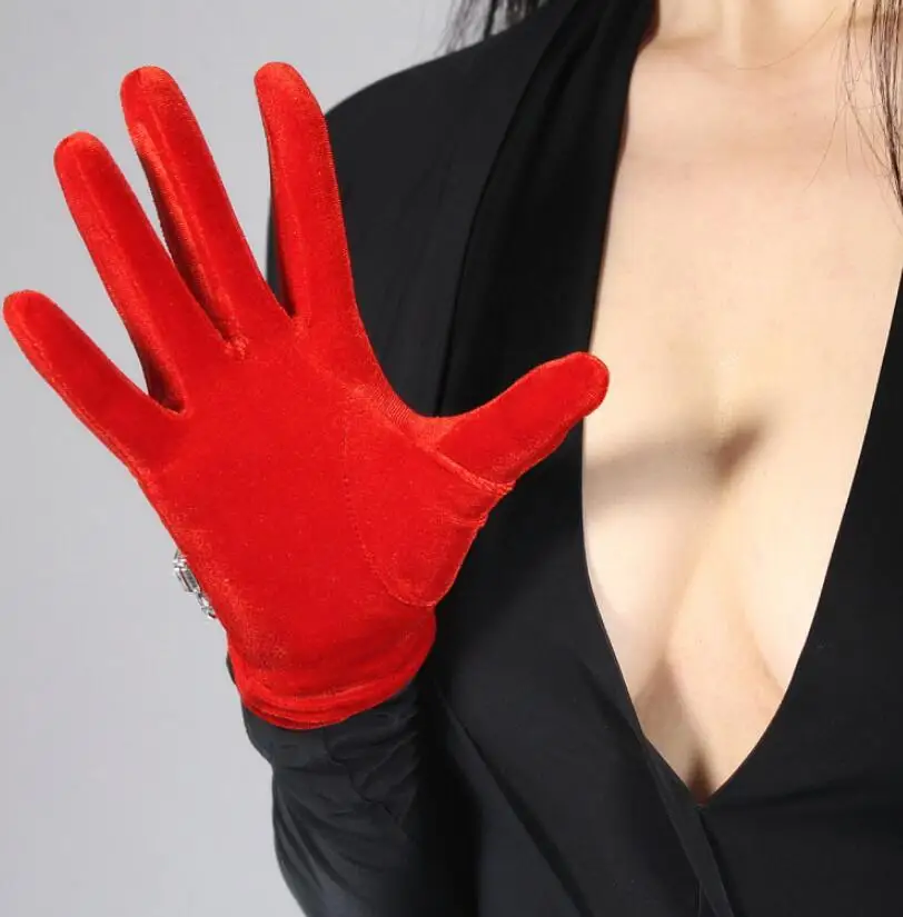 

Women's blingbling diamonds beaded touch screen velvet glove lady's club performance formal party elastic driving glove R2057