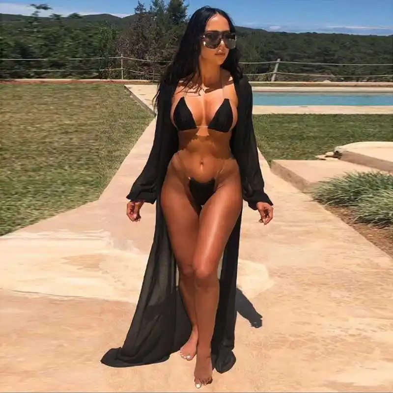 

Sexy Neon Fashion 3 Piece Set Bikini Women 2021 Summer Transparent Swimwear and Long Chiffon Cover Up Outfit Beach Suit