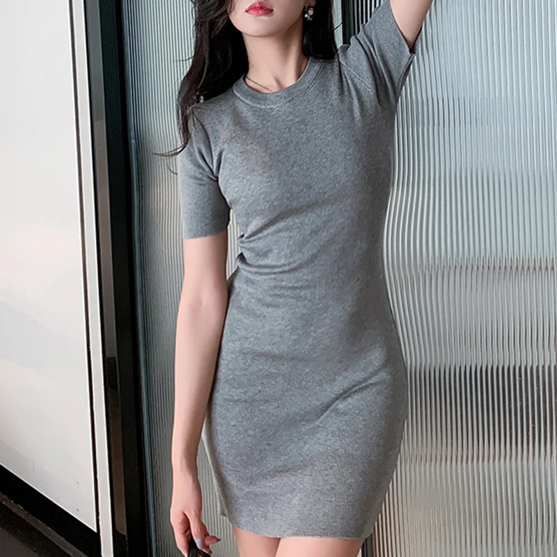 

LJSXLS 2022 Summer Short Sleeve Vintage Women Mini Dress Korean Knitting Elasticity Pink Dresses O Neck Bodycon Vestidos Femme