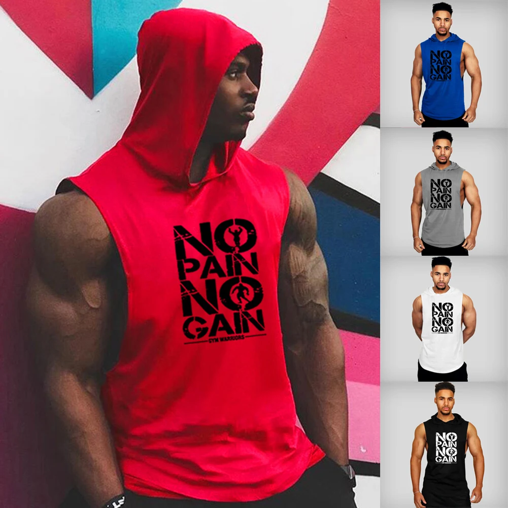 

Mens Bodybuilding Hooded Tank Top sports vest, cotton, sleeveless, men's, top, sweatshirt, suitable for training and fitness