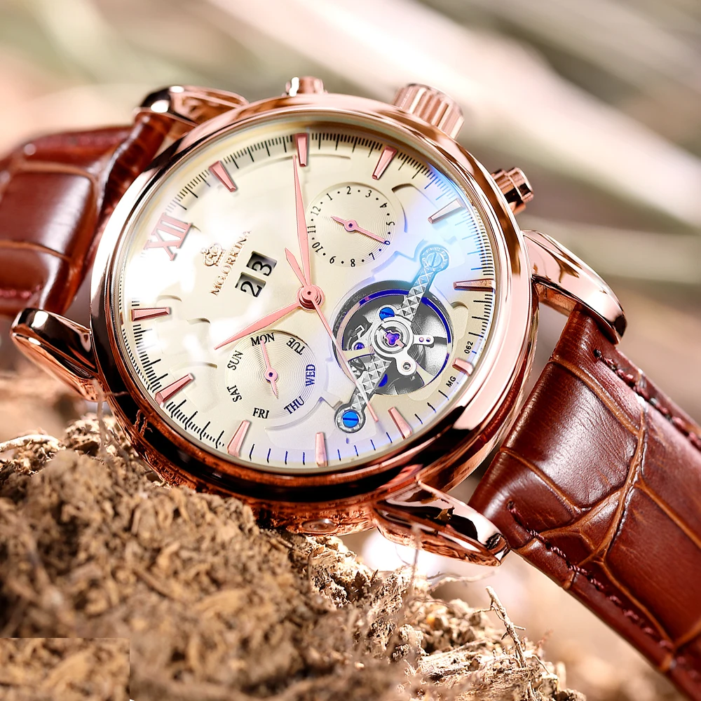 Часы мужские автоматические водонепроницаемые с кожаным ремешком цвета