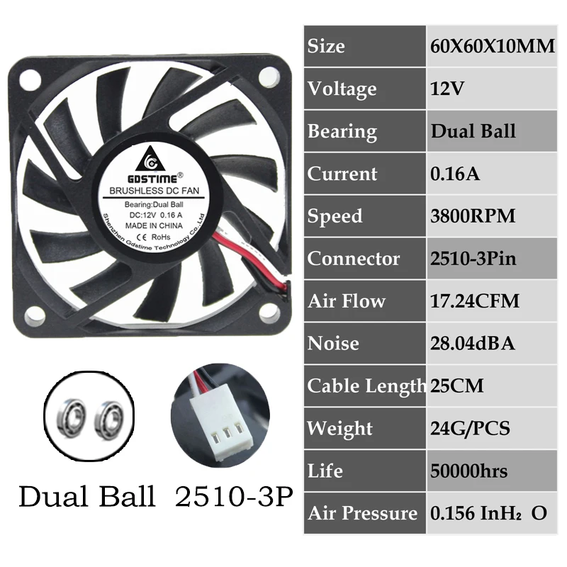 0.16A6010B12V2510-3P 2 шт. Gdstime 2Pin DC 5 в 12 В 24 в 24 вольт 6 см 60x60x10 мм 60 мм двойной шариковый подшипник Бесщеточный вентилятор охлаждения 60 мм x 10 мм кулер - Цвет лезвия: 0.16A6010B12V2510-3P