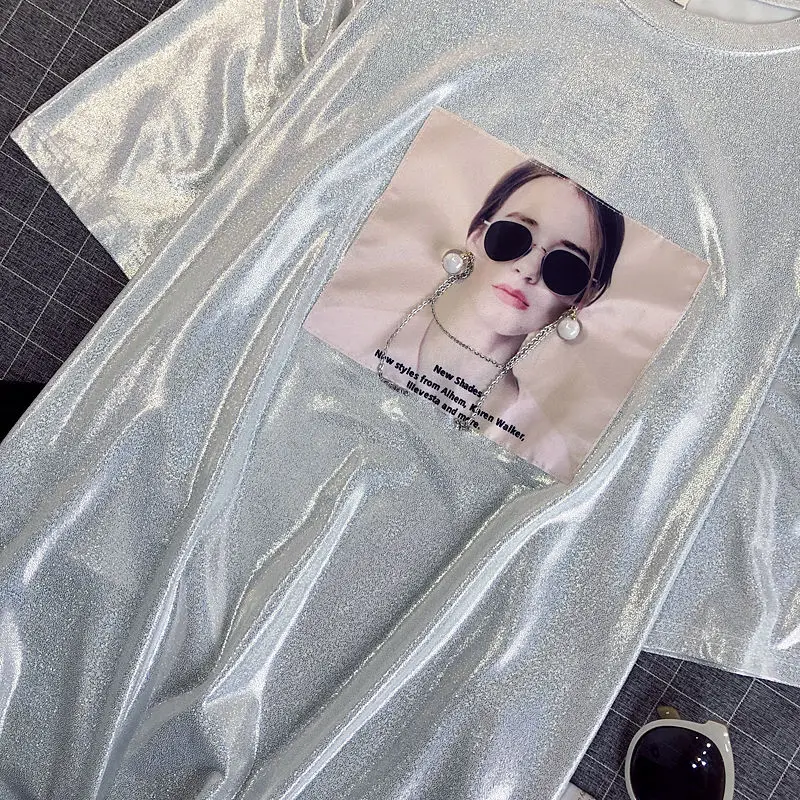 

Summer New Products Women's Shiny T-shirt Retro Street Wear Loose Short Sleeve Oversized Top Women Hip Hop Fashion Short Sleeve