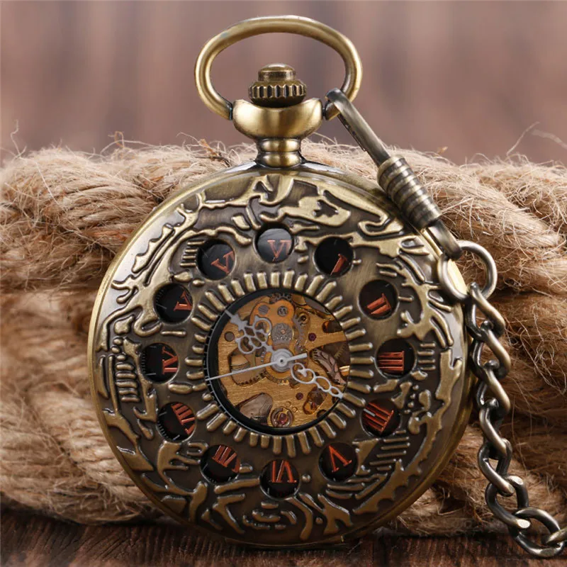 Steampunk Clock Men Women Handwind Mechanical Pocket Watch Half Hunter Skeleton Clock Roman Numeral Pendant Chain Collectable