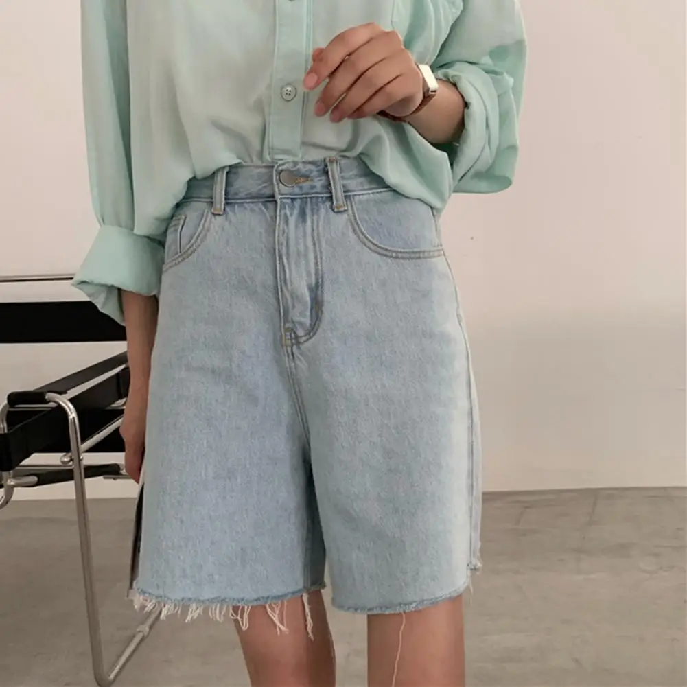 

2021 Summer Casual Straight Denim Shorts Women Solid Button Office Ladies Shorts Pocket Loose Beachwear Shorts Streetwear Mujer