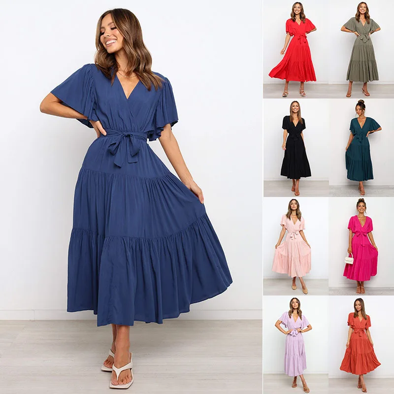 

Women Dresses Summer Sexy V Neck Pleated Dress Beach Dress Ruffle Short Sleeve Lace-up dress Party Dress