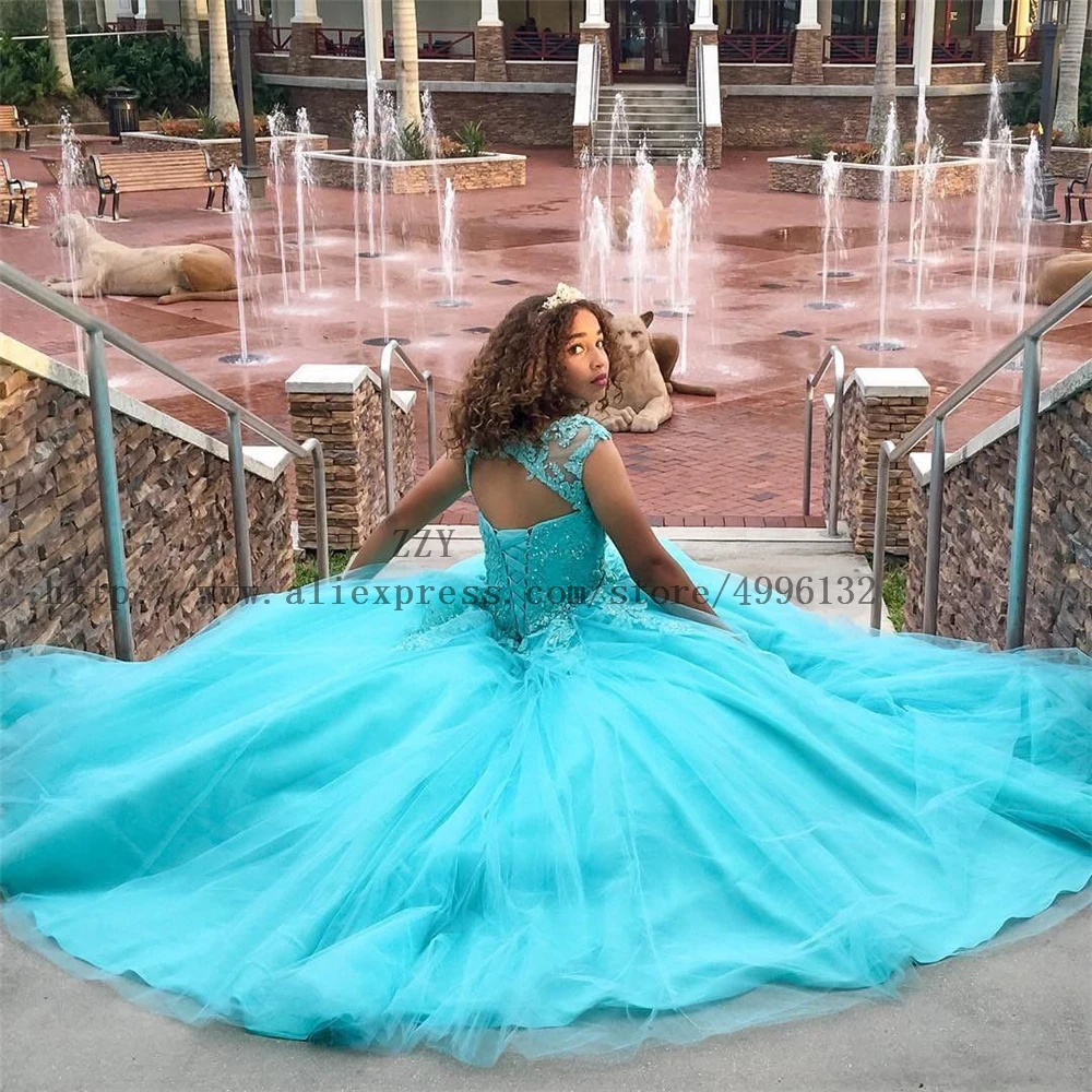 

Blue Appliques Tulle Beading Lace-Up Ball Gown Quinceanera Dresses Custom-made Floor-Length Vestidos De 15 Anos Sweet 16 Dresses