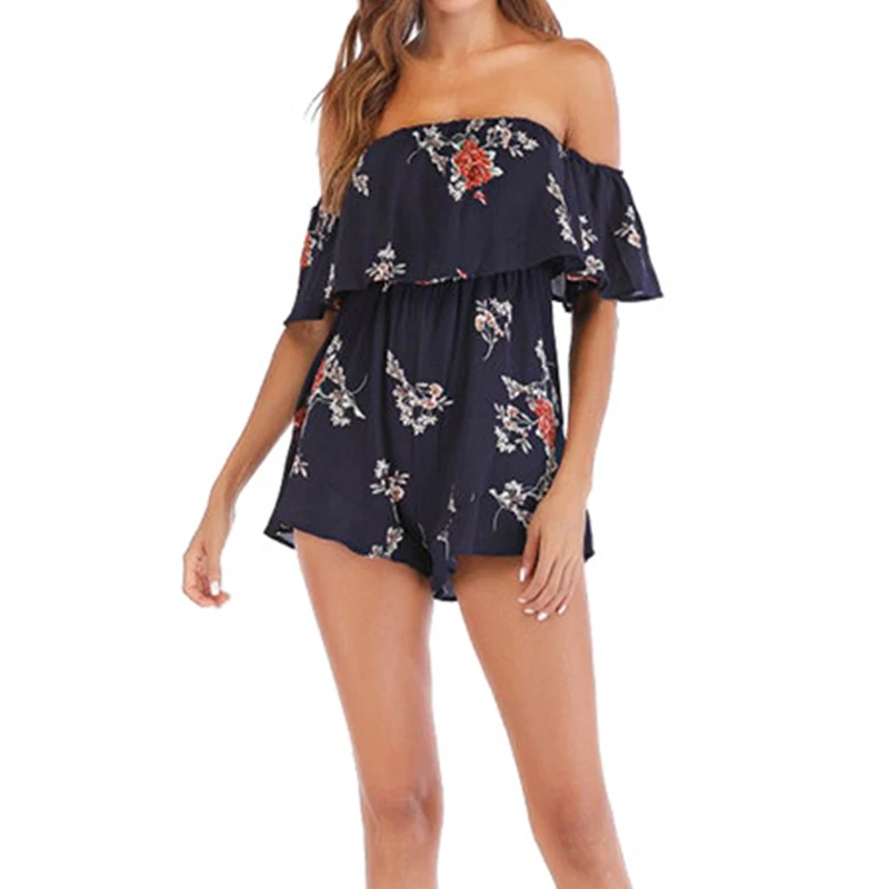 

One Word Collar Tube Top Flower Print Jumpsuit Women Sexy Open Back Loose Jumpsuit Women's Chiffon Solid Short-Sleeved Jumpsuits