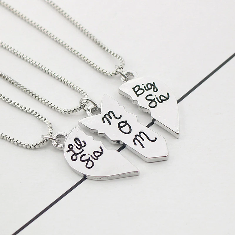 3pcs/set Lettering Necklace&quotLittle Sis MOM Big Sis&quot Love Heart Pendant Mother Daughters Kids Birthday Family Special Gift 369667 |