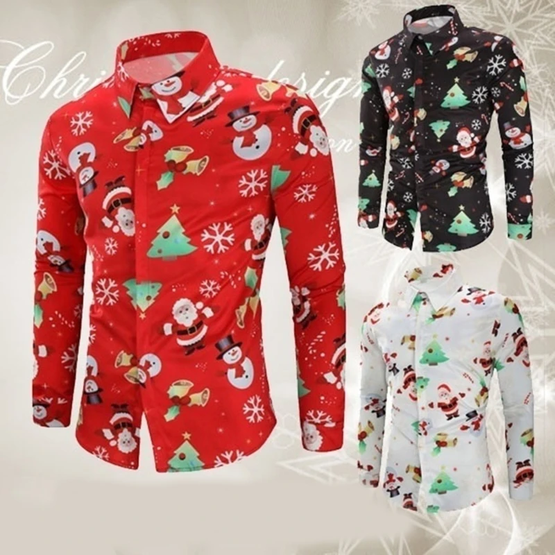 

Fashion Shirts For Male Men Casual Snowflakes Santa Candy Printed Christmas Shirt Top Blouse Men's Clothing Chemise Homme Top