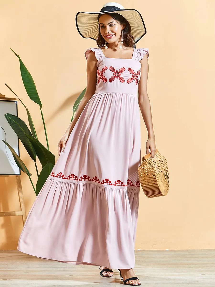 Женское платье макси размера плюс с вышивкой и рюшами летнее праздничное без