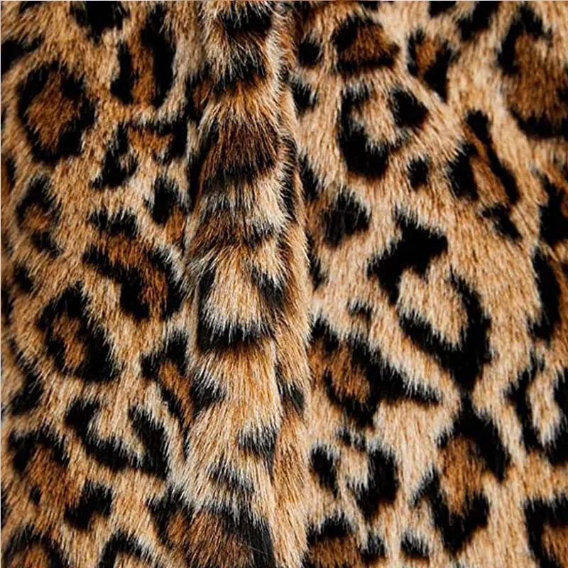 Fashion Leopard Faux Fur Coat Medium Long Top Overcoat Long Sleeve Casual Outwear Winter Faux Fur Coats Women Warm With Pockets