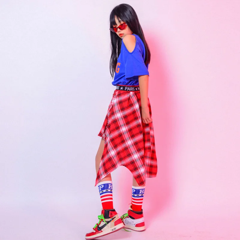 Костюмы для джазовых танцев девочек топ с открытыми плечами клетчатая юбка