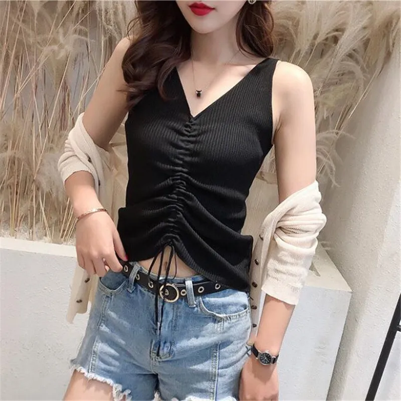

Women tank tops Ice silk girl knitted vest female top Draw pleats V-neck Chic thin tops summer small sling slim bottoming shirt