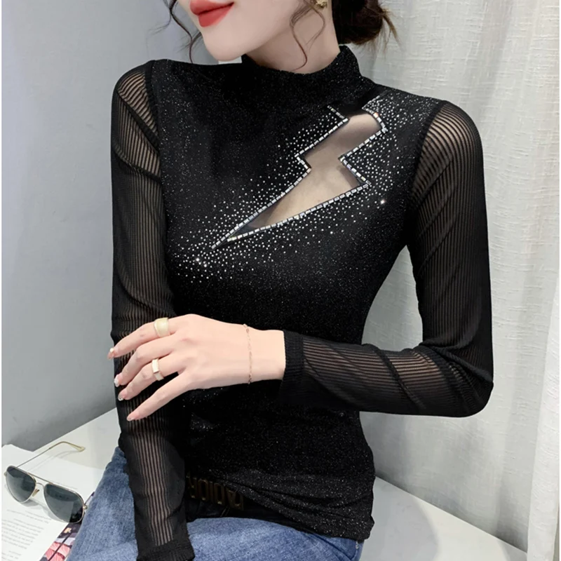 

New 2021 Autumn Winter High-necked Women's T-Shirt Fashion Hollow Lace Bottoming Shirt Hot Drilling Mesh Tops Blusas