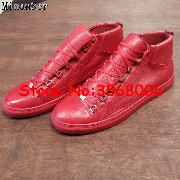 High Top Wrinkled Leather Black Red White Gray Blue Tie Up Sneakers Outdoor Leisure Fashion Arena Trainers Flats Shoes Mens | Обувь