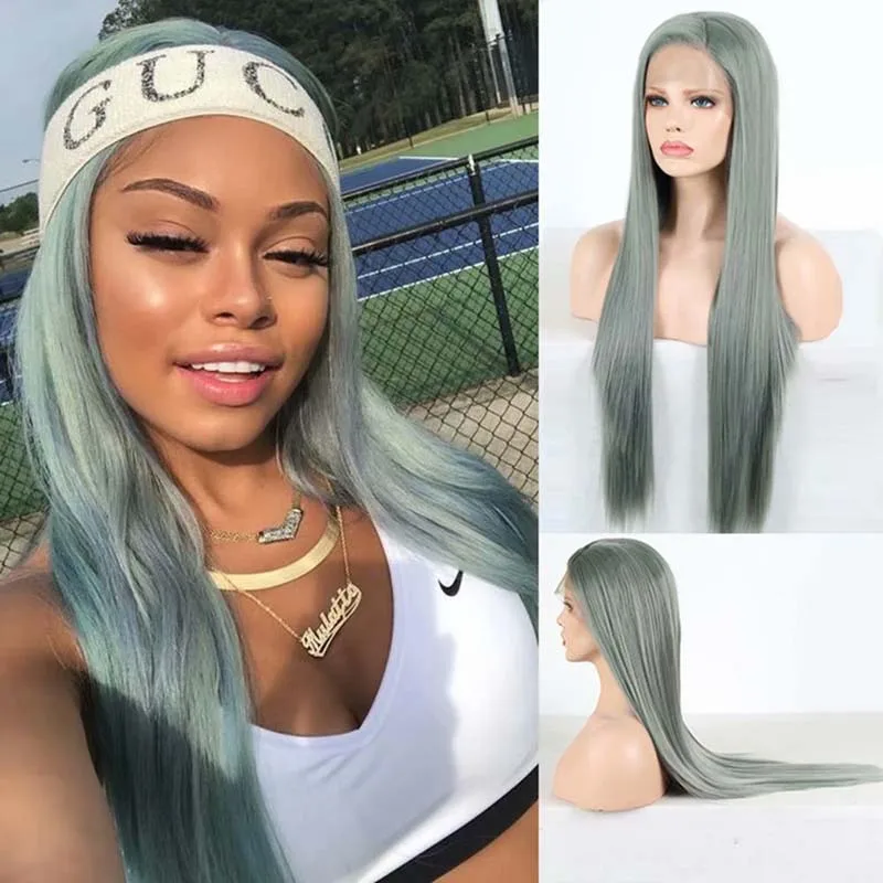 AIMEYA длинный шелковистый прямой пепельный зеленый синтетический парик на сетке