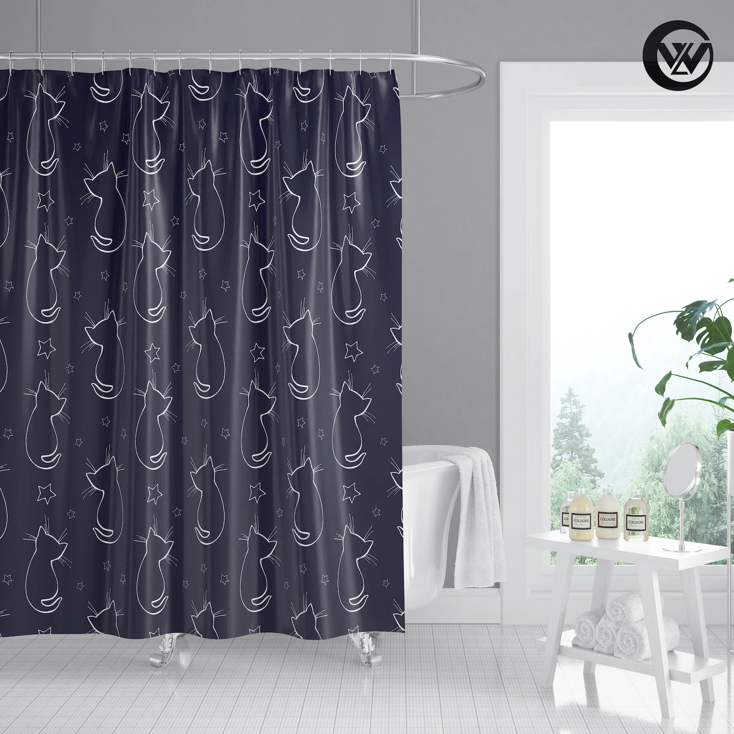 Designers Blue Cute Kitten Back View Star Bath Bathtub Shower Curtain, 2022 New Waterproof Fancy Bathroom Accessories Sets