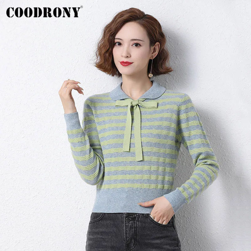 

COODRONY бренд высокое качество полосатый мериносовой шерсти женские джемперы 2020 осень зима пуловер элегантный тонкий свитер женский W1132