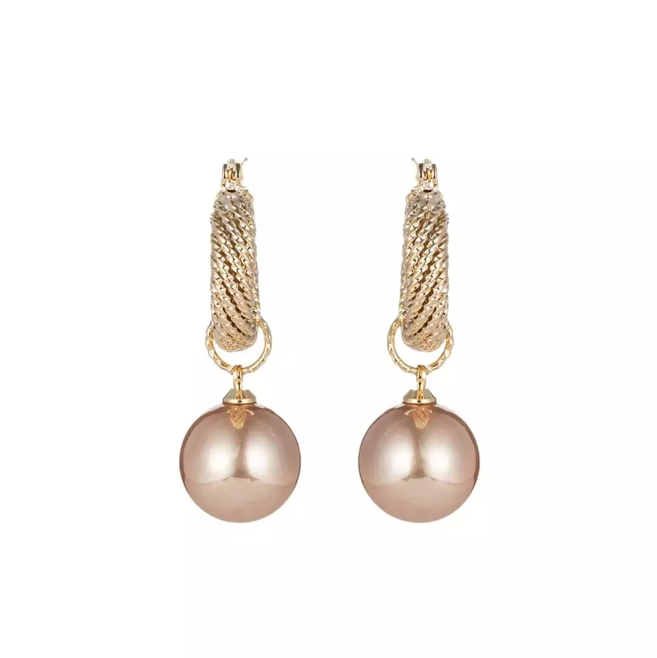 

Korean Glittering 14k Gold Plated Woven Circle Pendant Pearl Dangle Earring Women's Anti Allergy Elf Highlight Jewelry