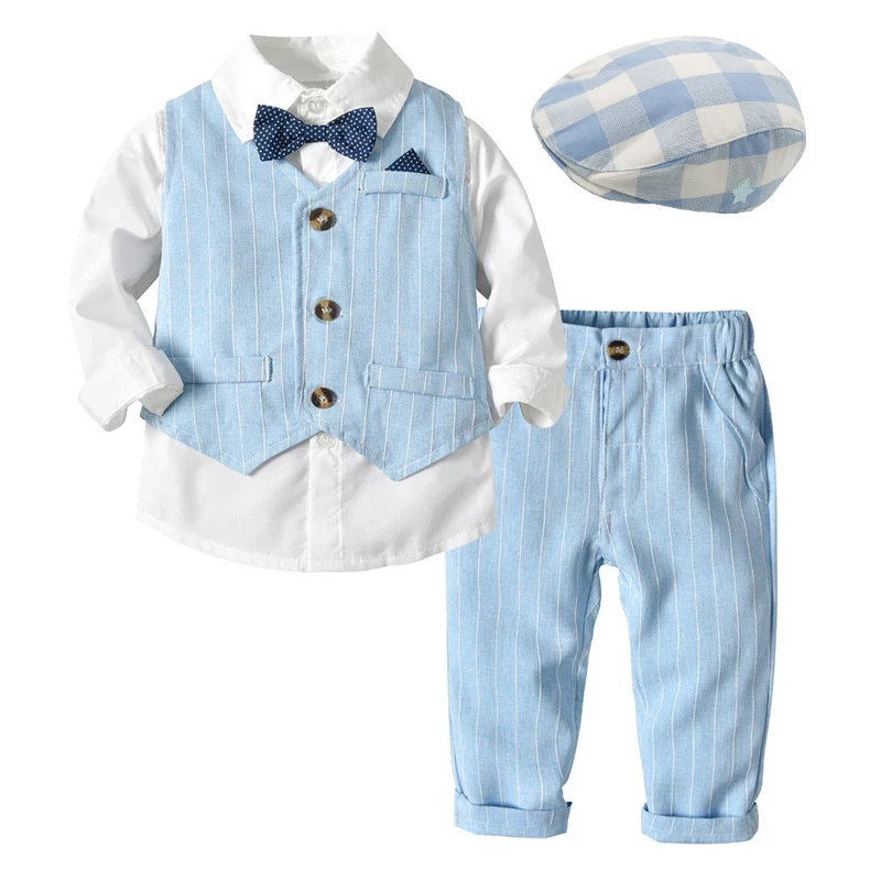 

Kid Boy Formal Birthday Outfit Suit Toddler Gentleman Wedding Striped Vest Shirt 1-6 Years Baby Pants Boys Ceremony Outerwear
