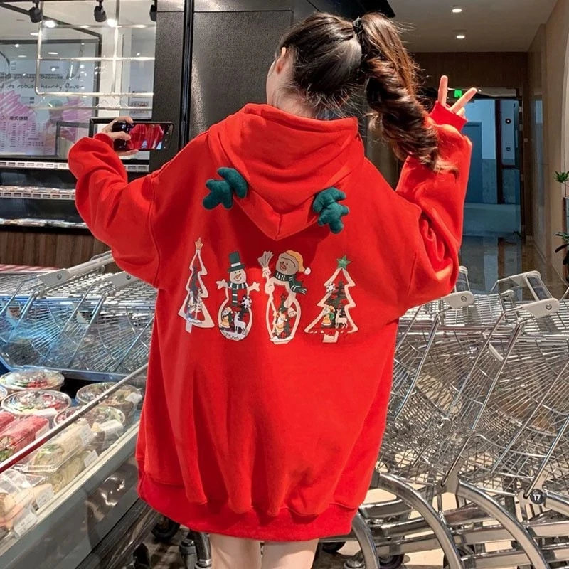 

Christmas kawaii hoodie woman Korean red cartoon sweet deer loose hoodie woman plus size hoodie