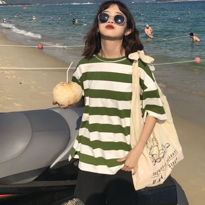 

В Корейском стиле с о-образным вырезом Футболка для женщин Harajuku топы в полоску летние свободные повседневные футболки с коротким рукавом фу...