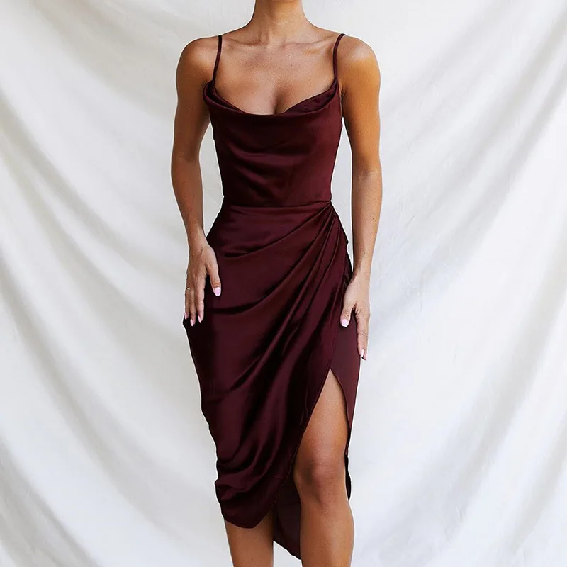 

Elegant Sling Long Party Dress Women Sexy Off Shoulder Sleeveless Satin Maxi Dress Summer Fashion High Slit Draped Solid Dress