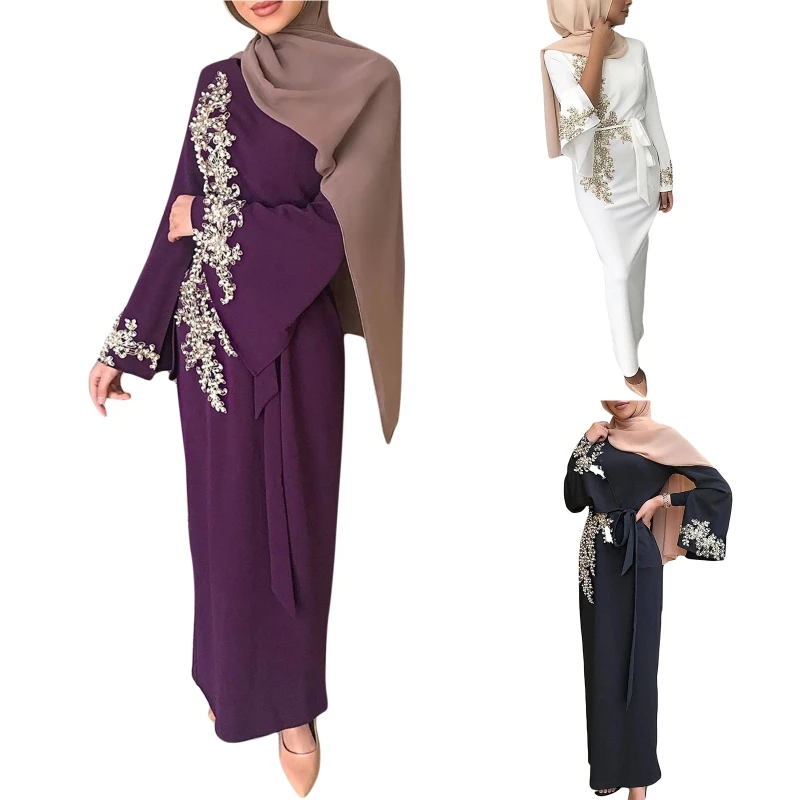 

Women Muslim Dubai Abaya Flare Long Sleeve Maxi Dress Floral Lace Beading Patchwork Turkey Hijab Robe Kaftan Middle East
