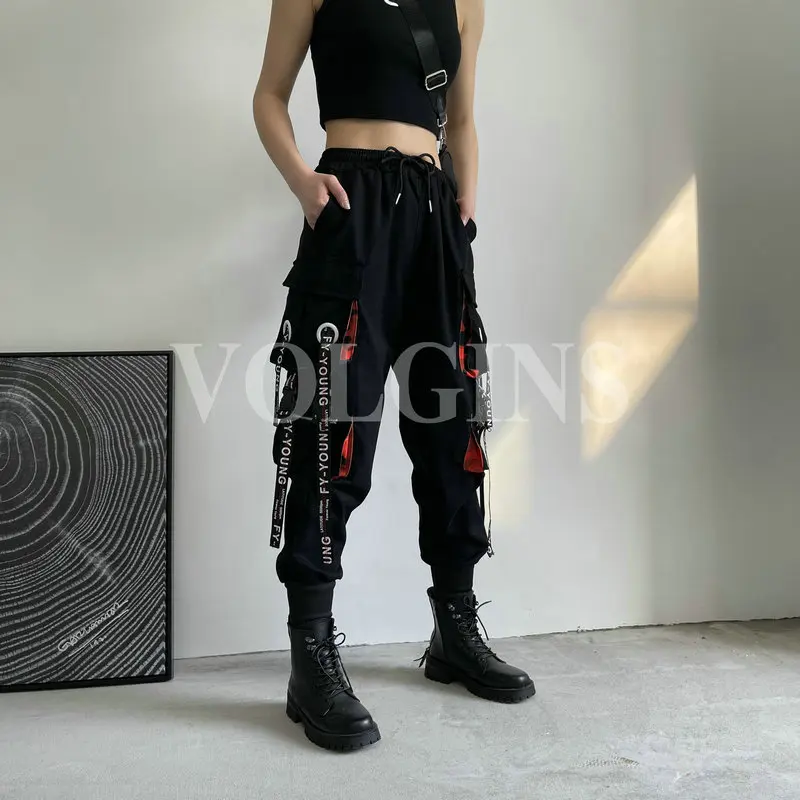 

Women's Cargo Pants Ribbon Pocket Jogger Elastic Waist High Streetwear Harajuku Pant Punk Cotton Females Trousers 2021 New