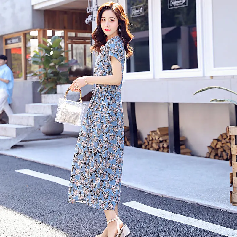 

2021 Women Spring Summer New Casual Print Dress Lady Vintage Short Sleeve O-neck Pleated Dresses Female Loose A-line Vestido J79