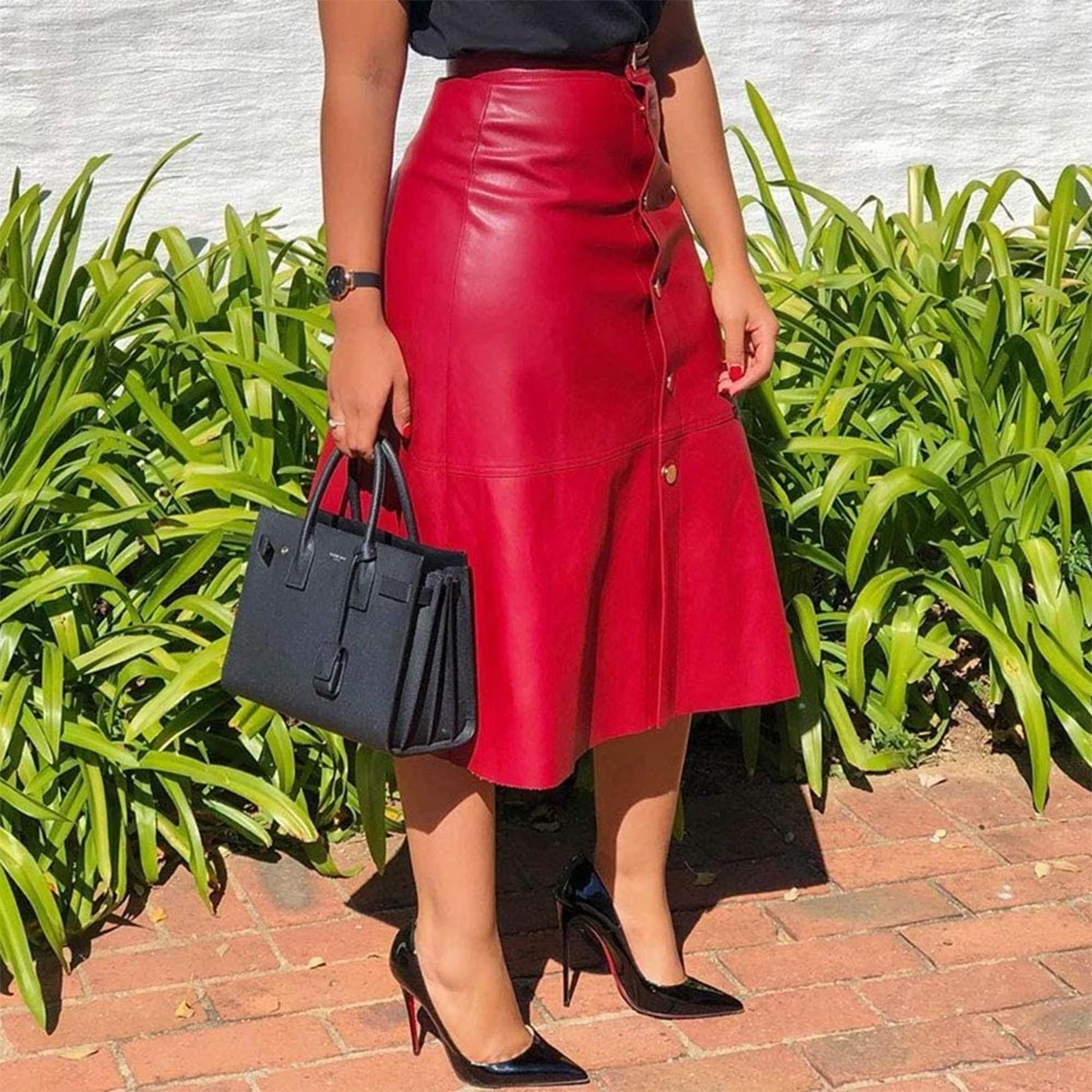 

Women Fashion PU Faux Leather A-Line Skirt with Button Office Lady Spring Fall Casual Solid Knee Length Midi Skirt Clubwear