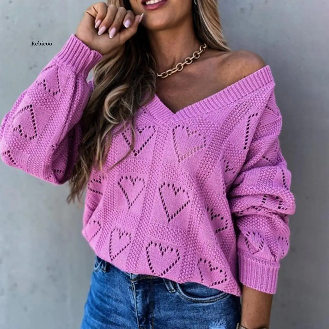 

Sweater Women's V neck Cutout Knitted Jumper Pullover Ladies Sweater Hollow Out Pullovers Streetwear V-neck Femme Tops