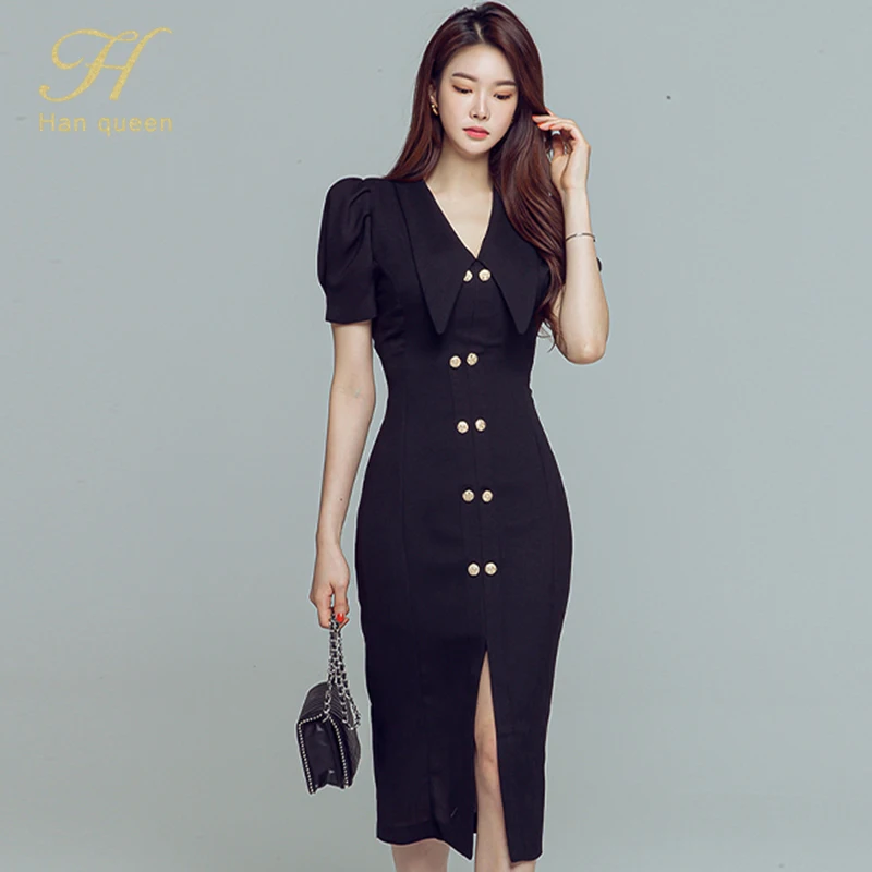 H Han Queen модное офисное платье летнее простое двубортное женское Новые Вечерние