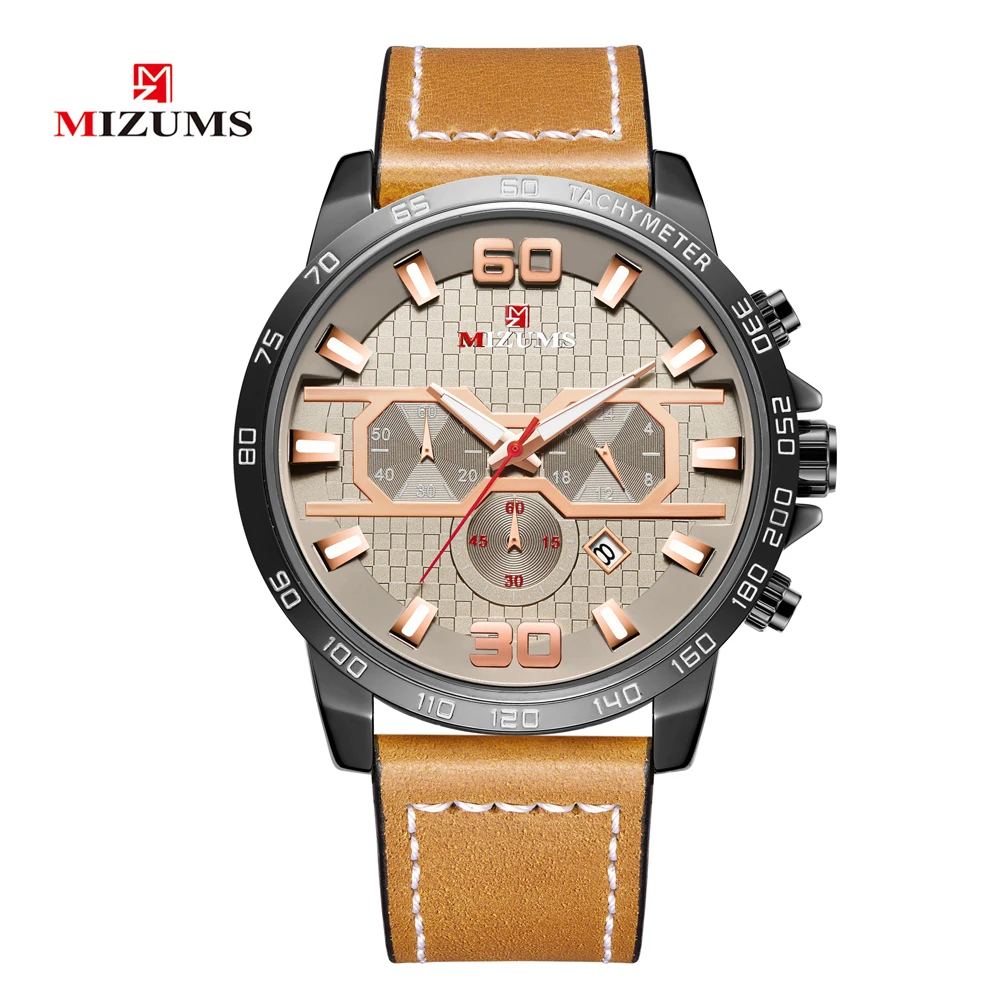 MIZUMS Роскошные Кварцевые часы для мужчин военные кожаные мужские с хронографом