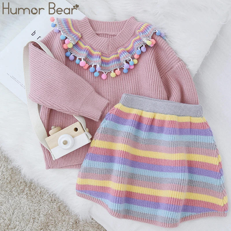 Humor Bear/детский осенне-зимний костюм года для девочек свитер с длинными рукавами в разноцветную полоску+ юбка в Корейском стиле Детский костюм