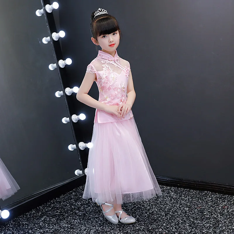 

Chinse Style Tang Suit Children Qipao Satin Straight Dresses Formal Party Prom Gown Slim Sweet Princess Dress Cheongsam Skirt