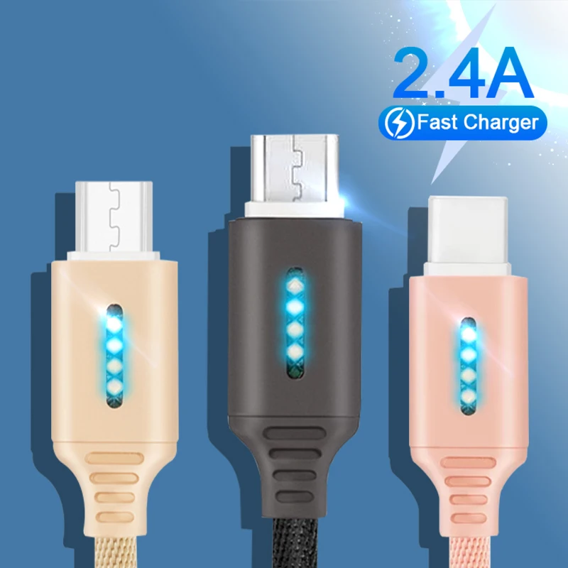 

2.4A LED USB Type C Charger Cable Smartphone Nylon USB C Charging Sync Data Cord For Xiaomi 11 Redmi Note 9s Huawei P40 Samsung