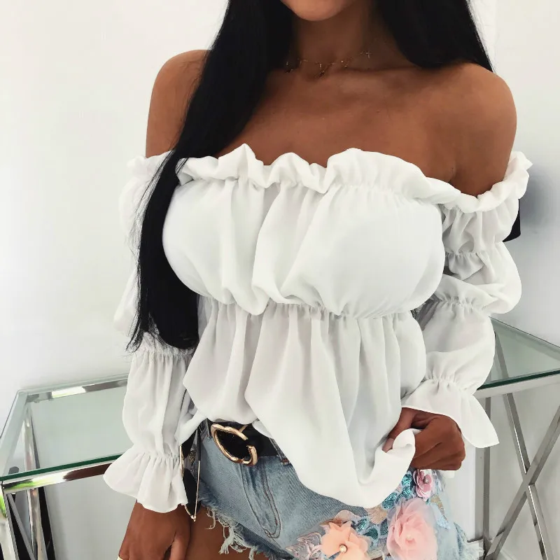 2019 пикантные Женские топы и блузки одноцветные с открытыми плечами длинным