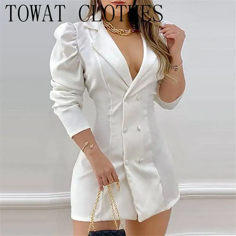

Plain Solid Color Notched Collar Double Breasted Puff Sleeve Blazer Dress Elegant Chic Mini Bodycon Dresses