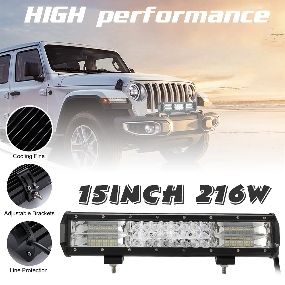 

15 Inch 216W Triple Row IP67 Combo Beam LED Light Bar Car Work Light for Car Boat OffRoad Off 4WD 4x4 Truck SUV ATV Driving