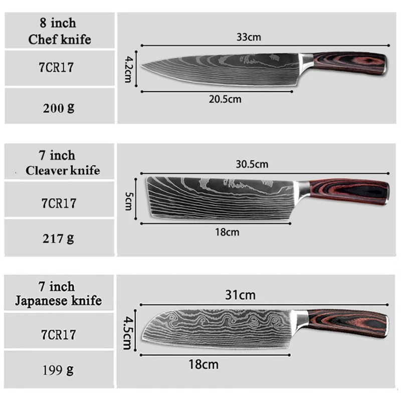 Набор кухонных ножей дамасский лазерный узор 3 шт. японский шеф-повар накири