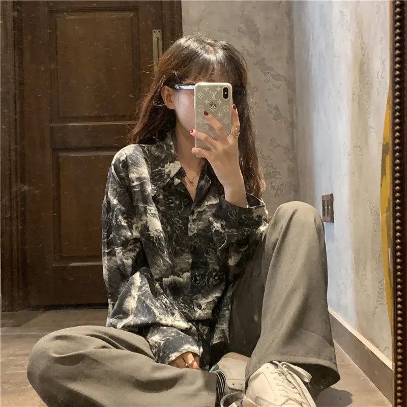 

Blouse Women Shirt Street Rule Ink Printing Long Sleeve Blusas Mujer De Moda