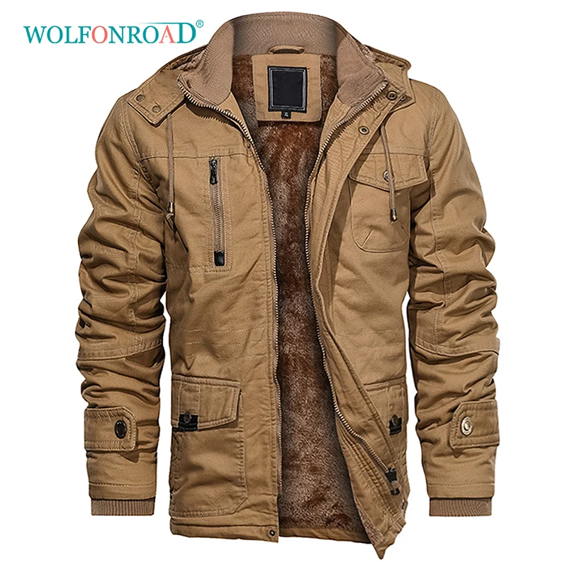 Khaki WOLFONROAD походная куртка мужская зимняя флисовая куртка Военная Тактическая Куртка карго пальто с капюшоном мульти карман армейская ветровка 5XL - Цвет: Khaki