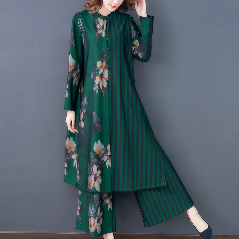 

5XL Two-piece Suit Women's Clothing Fashion Retro Wide Leg Pants Floral Stripe Patchwork Long Shirt Dress + Trousers Set K1178