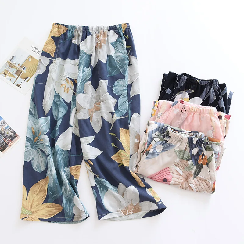 

Women Cropped Trousers Cotton Silk Pajamas Thin Casual Loose Anti-mosquito Pants Artificial Cotton Spring and Autumn Home Pants