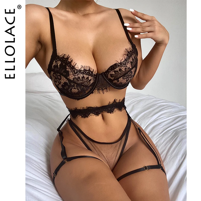 

Ellolace Sensual Lingerie Sexy 3-Piece Black Lace Transparent Erotic Brief Sets With Garters Langerie Underwear Bilizna Set